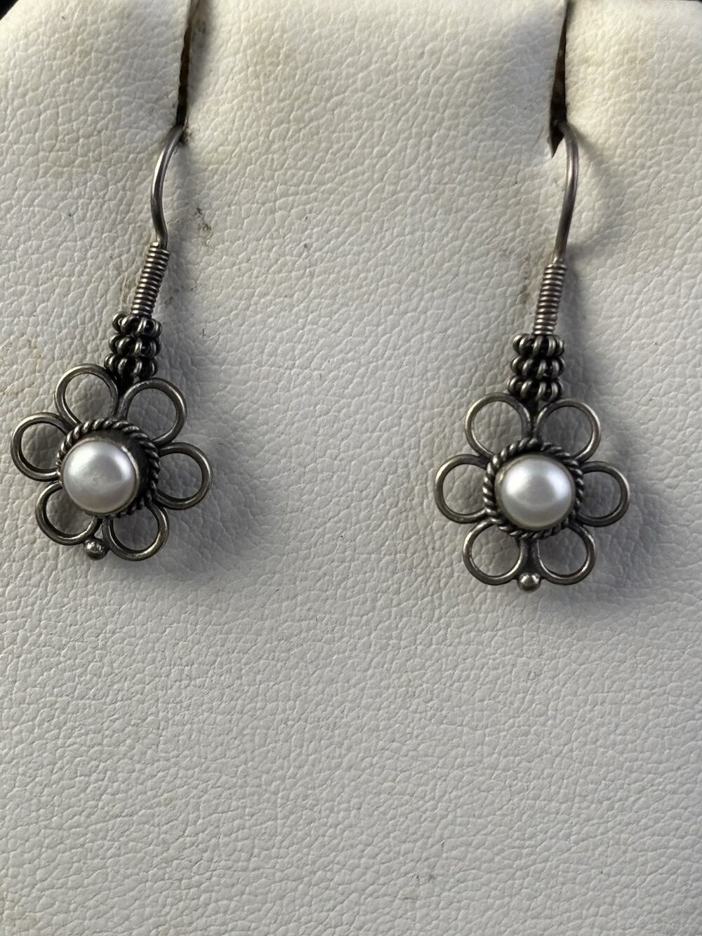 Freshwater Pearl Floral Dangle Earrings Oxidized Sterling Silver 2.45 Grams